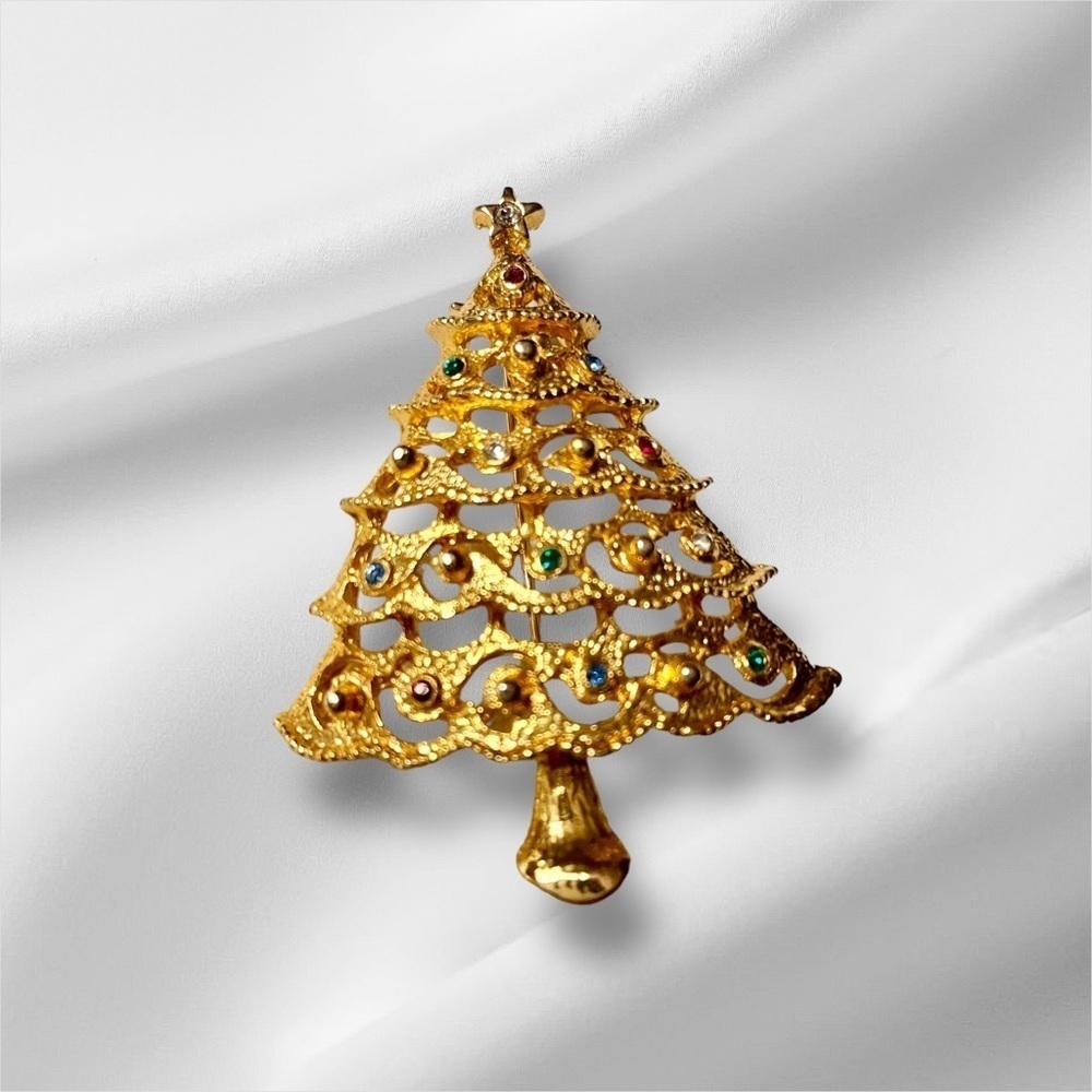 Brooch, Vintage Christmas Tree by JJ Jonette, 80’s, Gold-Tone, Red & Gre…
